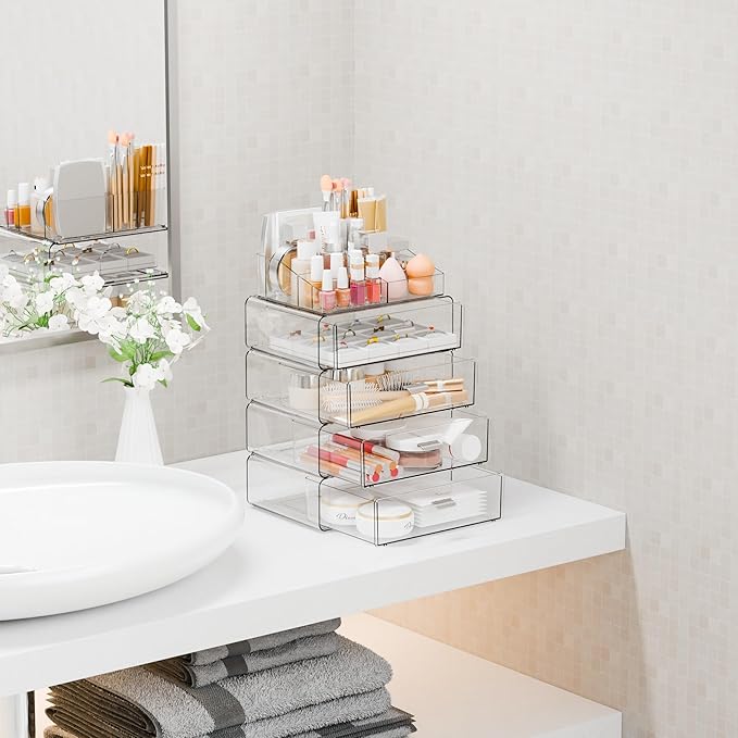 Yieach Clear Acrylic Makeup Organizers Countertop for Dresser,Desk,Bathroom Vanity,5Tier Stackable Make up Holders and Makeup