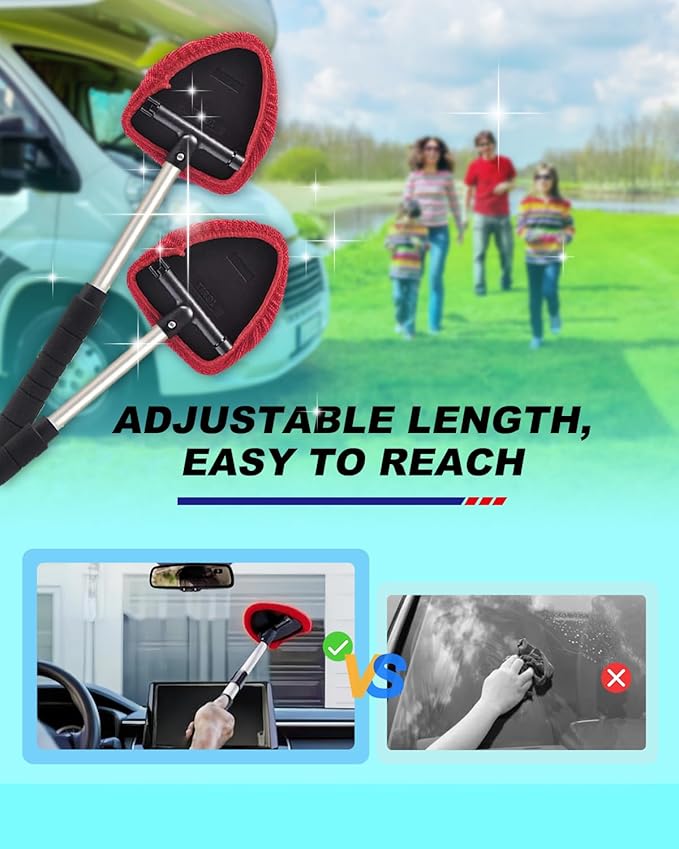 AutoEC Windshield Cleaning Tool, Car Cleaner Tool with Inside Extendable Handle, Window Cleaner Brush Kit Auto Glass Wiper for Windshield with 2 Microfiber Towel Pads Home Windows, Trucks, SUV & RV