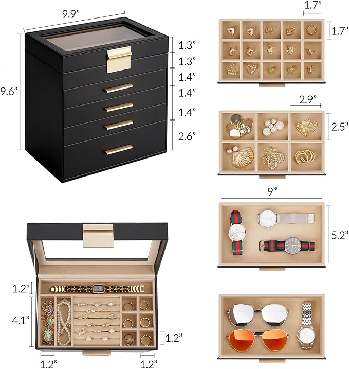 Somduy Jewelry Box, 5 Layers Jewelry Storage Display Box with Glass Lid for Women, 4 Drawers,Large Capacity for Necklace Earr