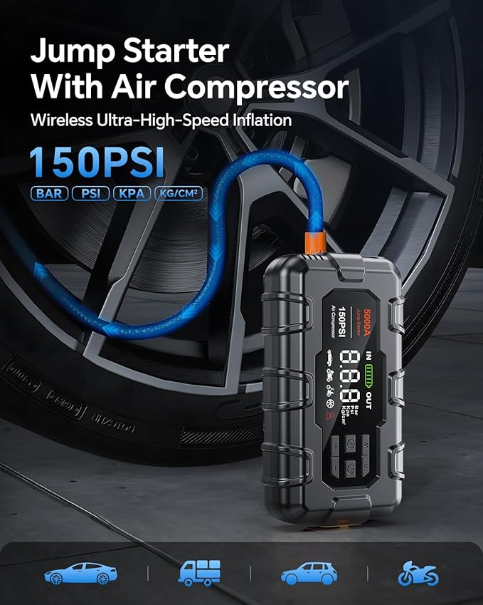 Jump Starter 5000A, Car Battery Jump Starter with Air Compressor for Up to 9.0L Gas and 8.0L Diesel Engine, 12V Jump