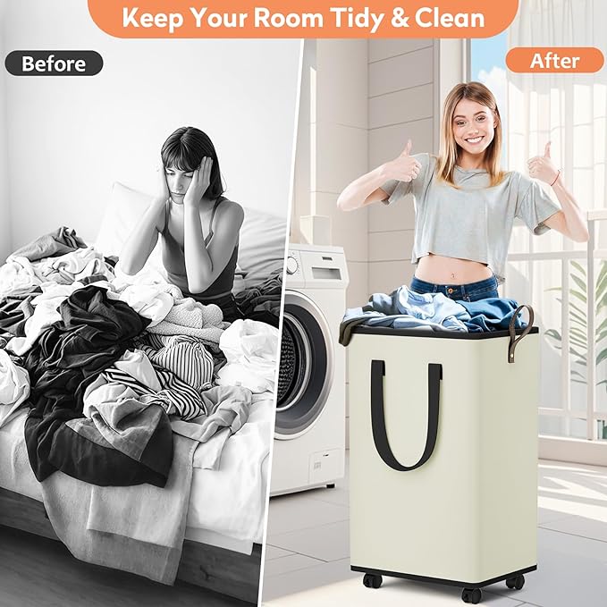 SpaceTrove Laundry Basket with Wheels, Collapsible Laundry Baskets, Laundry Hamper with Handles Detachable Wheels, Rolling La