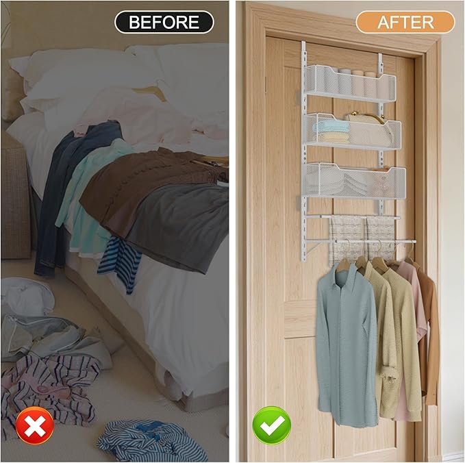 VyGrow Over the Door Storage Organizer with 3 Tier Mesh Baskets 2 Hanging Rods, 2 Mounting Options, Heavy Duty Clothes Hanger