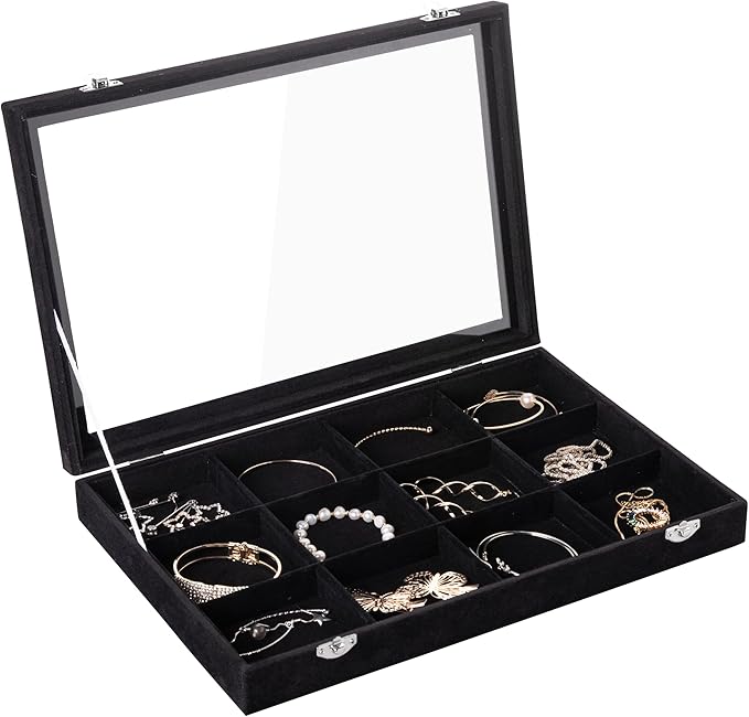 Frebeauty Velvet Jewelry Tray,12 Grid Jewelry Organizer with Clear Lid,Bracelets Holder,Jewelry Display Case with Clasp,Drawe