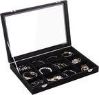 Frebeauty Velvet Jewelry Tray,12 Grid Jewelry Organizer with Clear Lid,Bracelets Holder,Jewelry Display Case with Clasp,Drawe