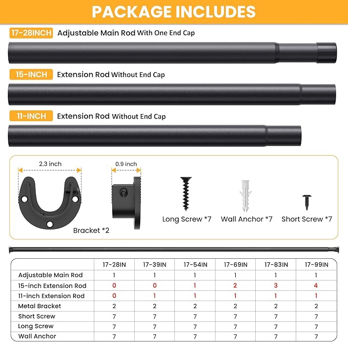 2 Pack Closet Rods for Hanging Clothes,17-83 Inch No-Cut Stepless Adjustable Closet Rod, 1.3 Inch Heavy Duty Metal Closet Han