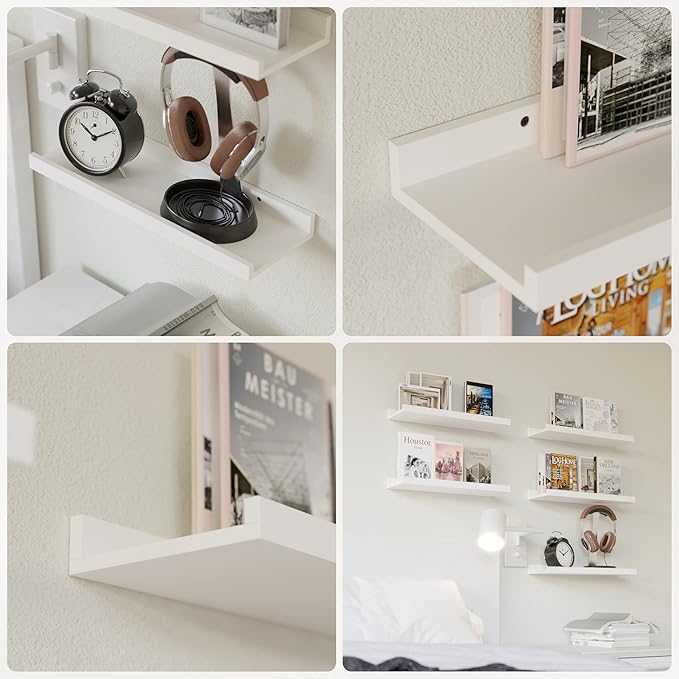 RICHER HOUSE 5 Set White Floating Shelves, Wall Mounted Shelves for Wall Decor, Modern Picture Ledge Shelf with Lip for Stora