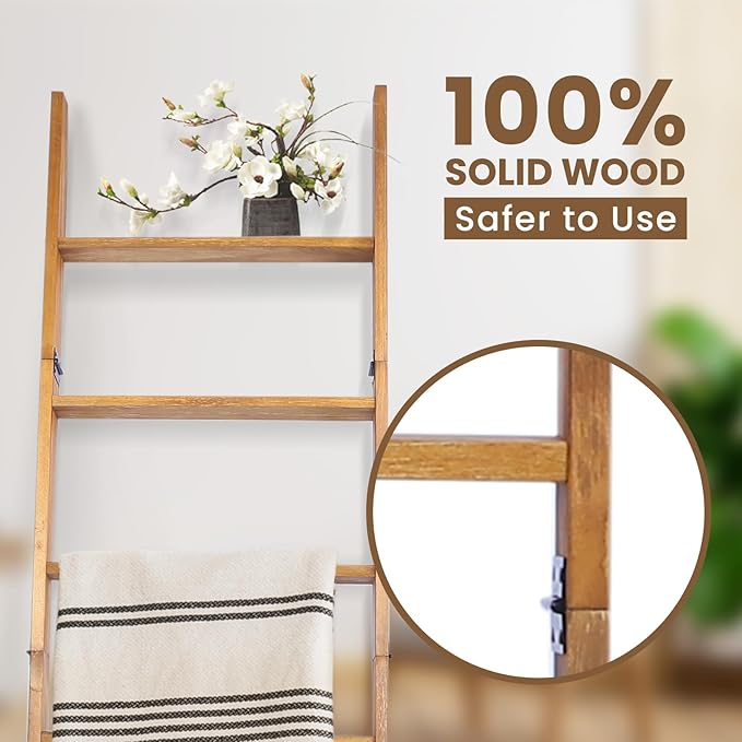 Blanket Ladder, 6-Tier Wooden Quilt Stand, Decorative Ladder Shelf, Leaning Shelf, Wall Leaning Blanket Ladder Towel Storage 