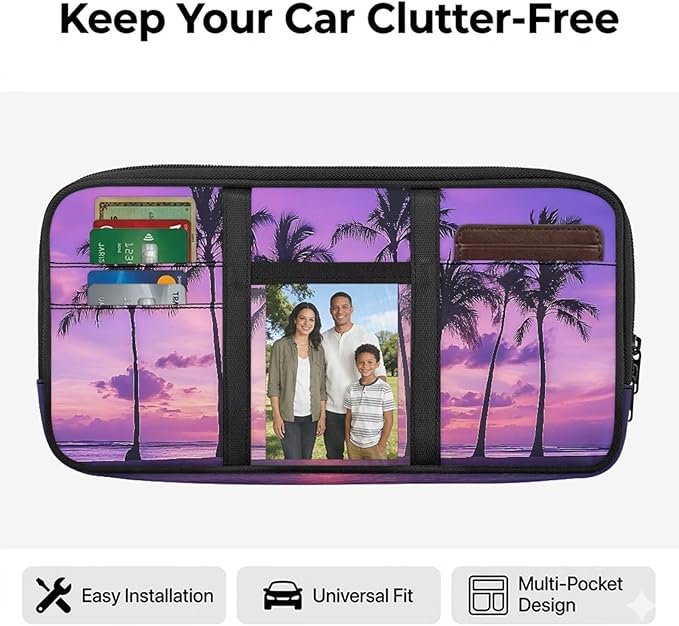 Car Sun Visor Organizer Sunset Palm Tree Car Sun Visor Storage Bag with Big Zipper Pocket Cars Accessories Easy Installation Suitable for Cars SUV