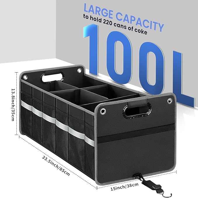 Car Trunk Organizer, Car Storage Organizer, Collapsible Multi Compartment for Car, Suv, Sedan, Truck, 100L, Extra Larger