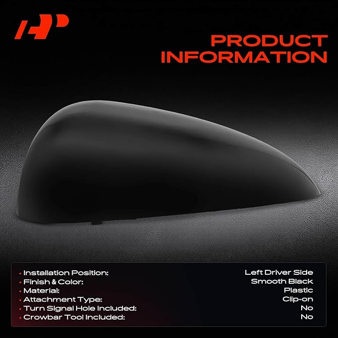 A-Premium Driver Side Rearview Mirror Cover Cap - Compatible with Chevrolet Sonic 2012-2020 - Smooth Black, Without Turn Signal Hole
