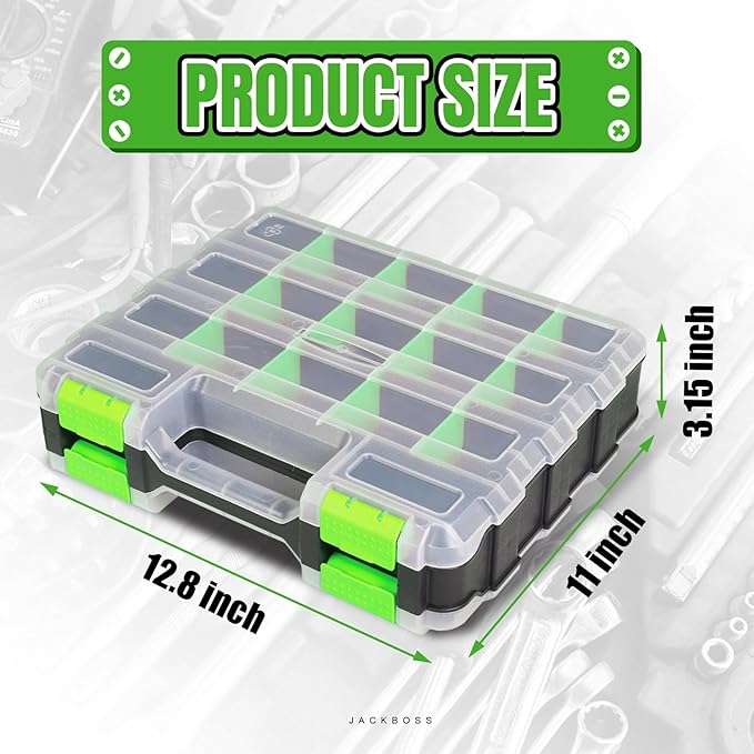 Jack Boss Tool Box with Transparent Lid, Double Side 34-Compartments Organizer Box with Removable Dividers for Hardware, Scre