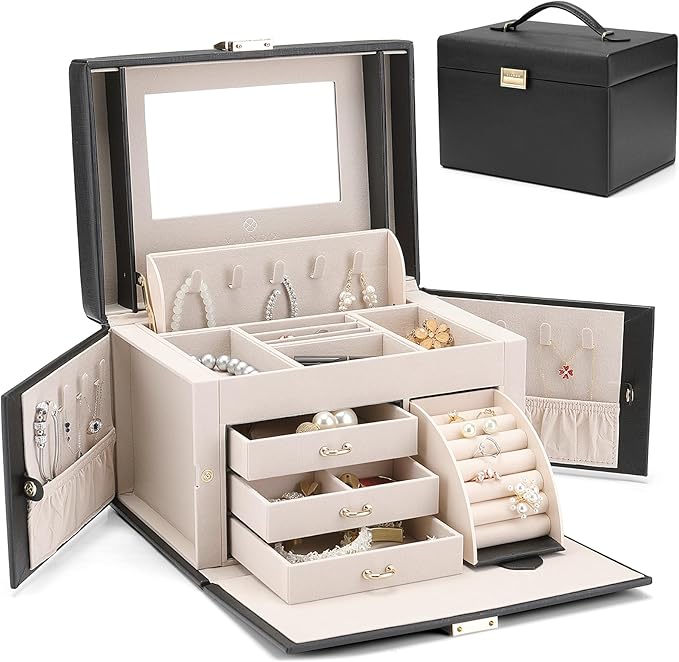 Vlando Jewelry Box Organizer for Girls Women, Large Baroque Jewelry Holder Organizer with Mirror, 3 Drawers for Bracelets, Ea