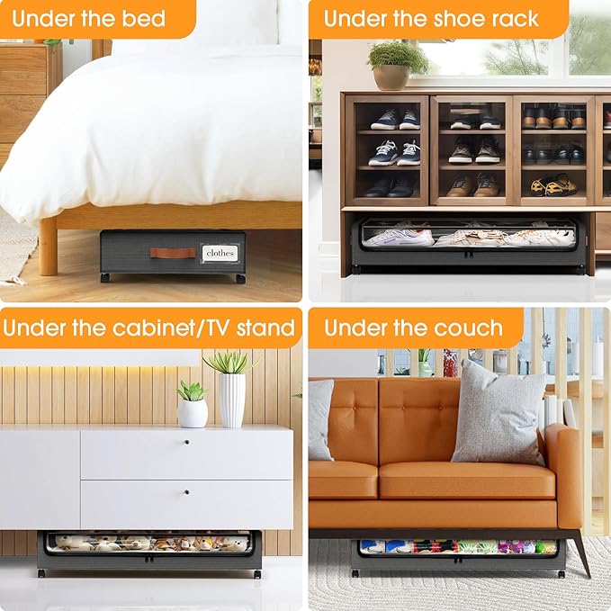 Under Bed Storage with Wheels 3Pack Storage Containers with Clear Window&Label Under Bed Drawers Rolling Under Bed Storage fo