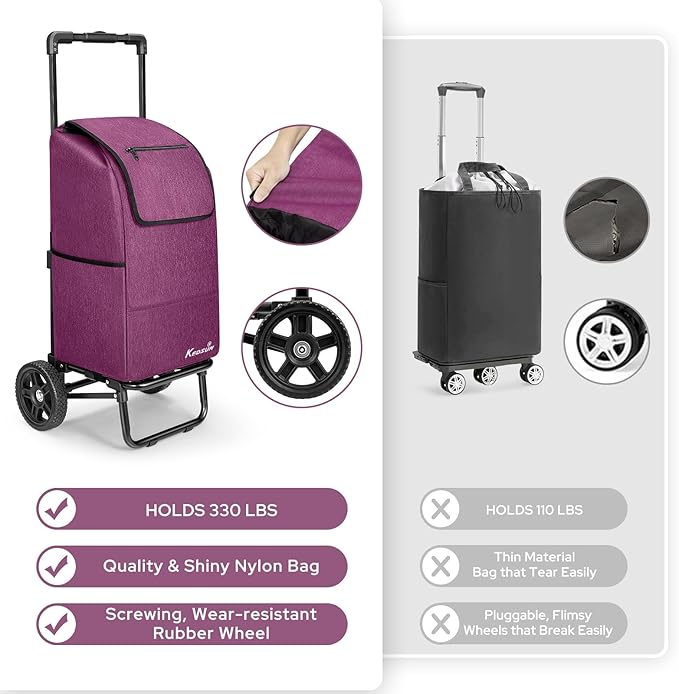 KEDSUM 2 in 1 Shopping Carts for Groceries, 330 lbs Grocery Cart on Wheels, Foldable Utility Carts with Wheels, Load-Bearing Hand Truck with Waterproof Bag for Shopping,Camping,Laundry,Garden, Purple