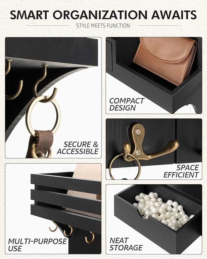 Rebee Vision Modern Key Holder Wall Mount with Mini Drawer Organizer - Decorative Mail Organizer with 9 Key Hooks and Floatin