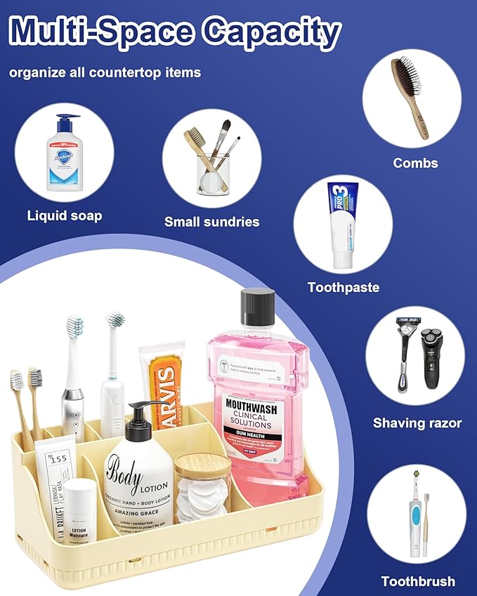 Bathroom Counter Organizer and Storage, 7 Slots Detachable Toothbrush Holders for Bathrooms, Anti-Slip Electric Toothbrush an