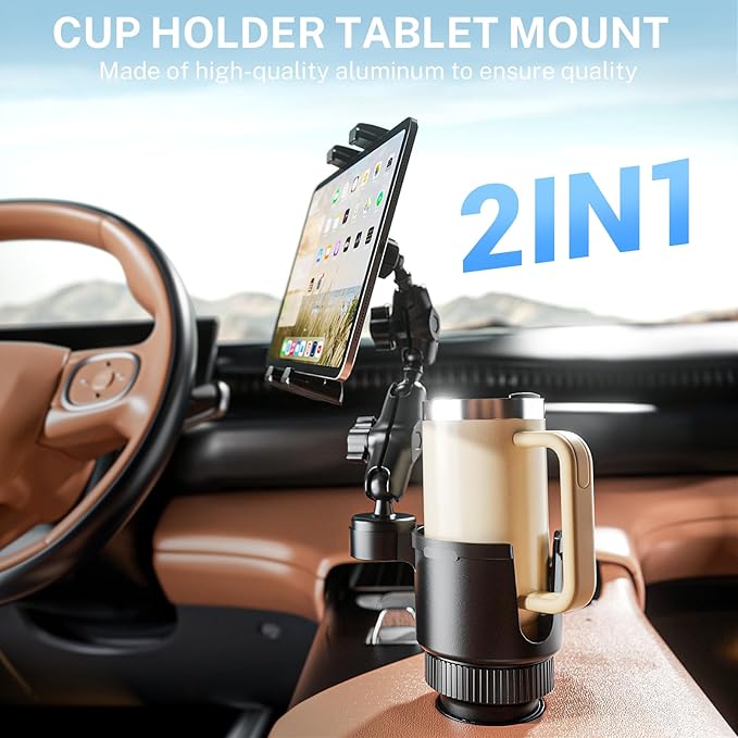 OHLPRO Cup Holder Tablet Mount for Car, iPad Car Mount with Heavy Duty Aluminum Arm, Adjustable Tablet Holder for 5–13” Devices, Cup Holder Expander Fits 2.6”–3.9” Vehicles - 6 inch Arm