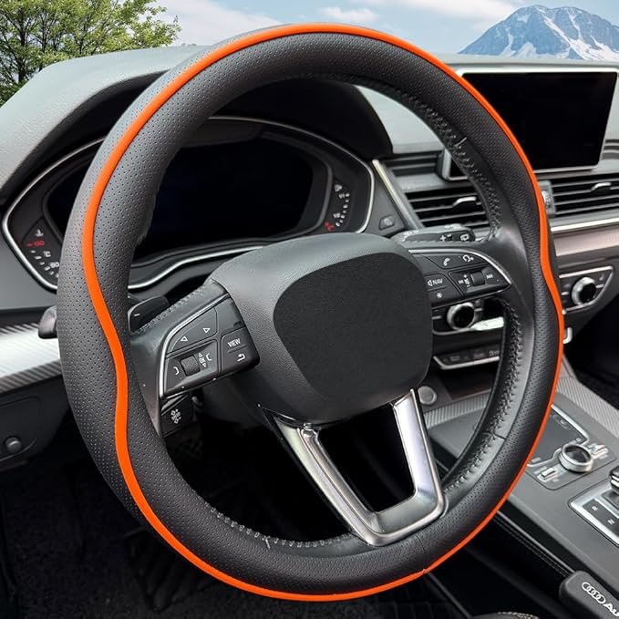 HAOTULE Leather Steering Wheel Cover， with Anti-Slip Stripe Design - Enhanced Grip, Fashion Style, Safe, Non-Slip, Breathable