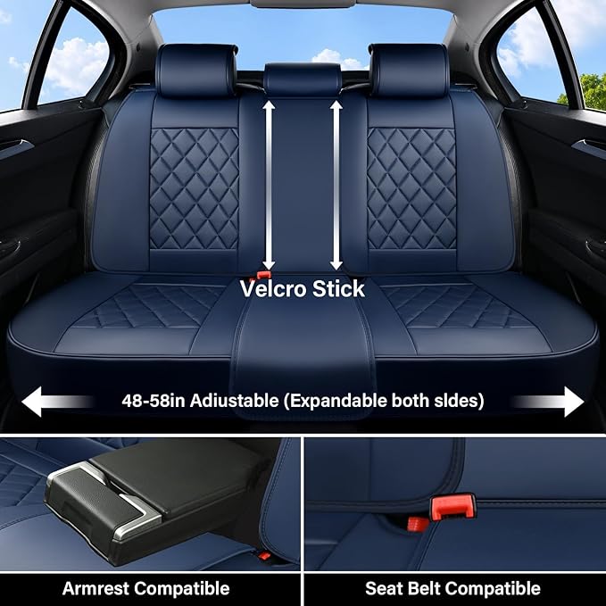 Coverado Car Seat Covers Full Set, Luxury Faux Leather Seat Covers for Cars, Waterproof Car Seat Protector, Blue Car Seat Cov