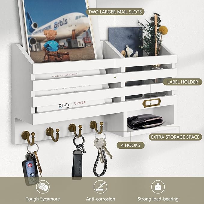 FifthQuarter Key Holder for Wall: Easy Mounted Key Rack and Mail Organizer with Store Shelf and Four Sturdy Keys Hooks Decor 