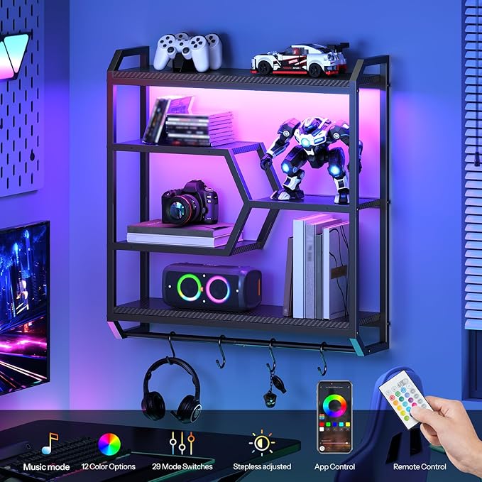 HOOBRO Gaming Floating Shelf with LED Lights, 27.5" LED Wall Mounted Shelf with Hanging Rod & 4 S-Hooks, 4-Tier Hanging Displ