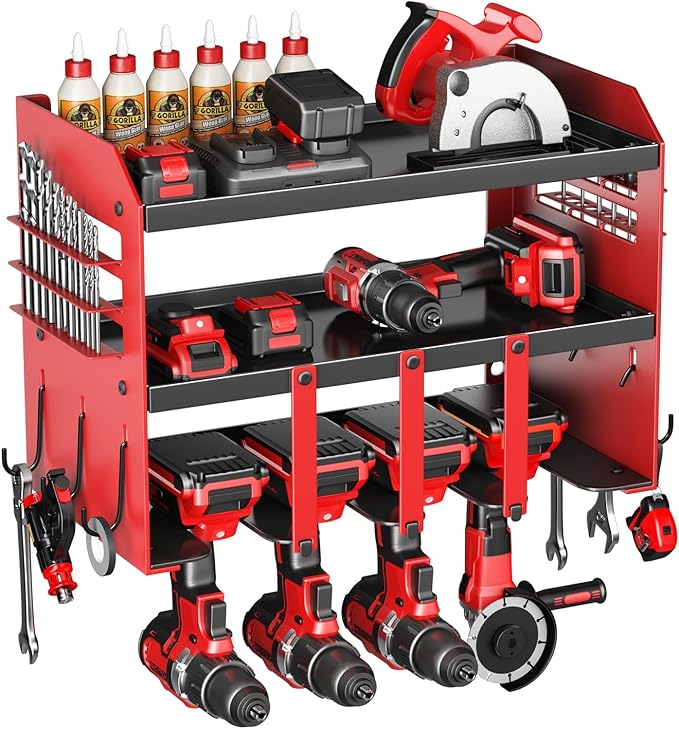 Power Tool Organizer Wall Mount - 120Lbs Load 3 Layers Storage Rack 4 Drill Holders for Drills Cordless Heavy Duty lron Garag
