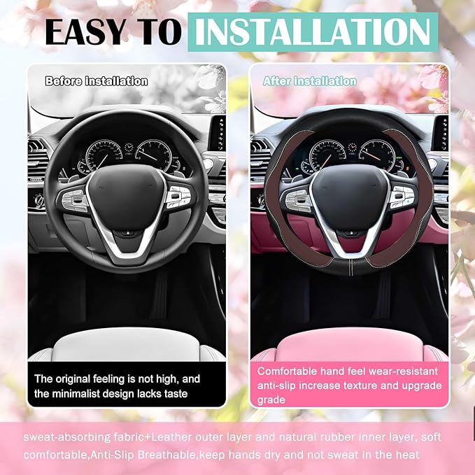 SuperKaKa Brown Car Steering Wheel Cover 2025, Universal Auto PU Cute Breathable Slip-Proof Comfort Imitation Leather Protect