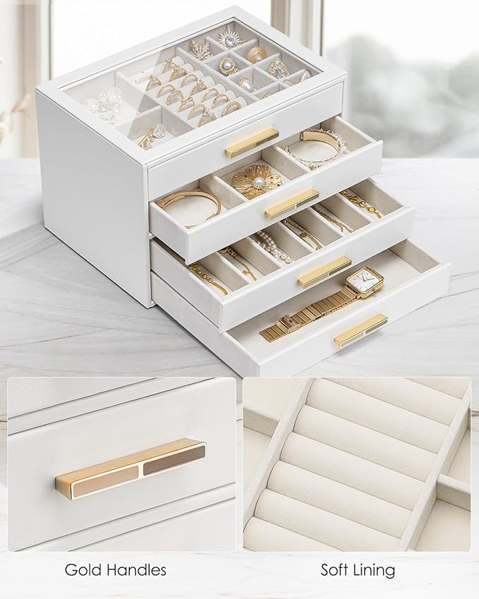 Vlando Jewelry Box for Women, Glass Lid Jewelry Organizer with 4 Drawers for Necklaces Rings Earrings Bracelets Christmas Gif