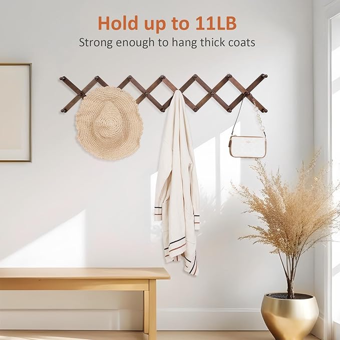 Accordion Wall Hanger, Hat Rack for Wall with 20 Coat Hooks, Expandable Hat Hangers Organizer, Vintage Decorative Coat Rack W