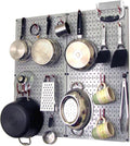 Wall Control Kitchen Pegboard Organizer Pots and Pans Storage Rack Organization Kit with Grey Pegboard and Red Accessories