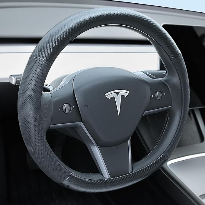 Carbon Fiber Leather Steering Wheel Cover for Tesla Model 3/Y 2016-2025 2026 Juniper/Highland, Non-Slip Breathable Steering Wheel Protector for Tesla Model 3/Y Accessories 2026