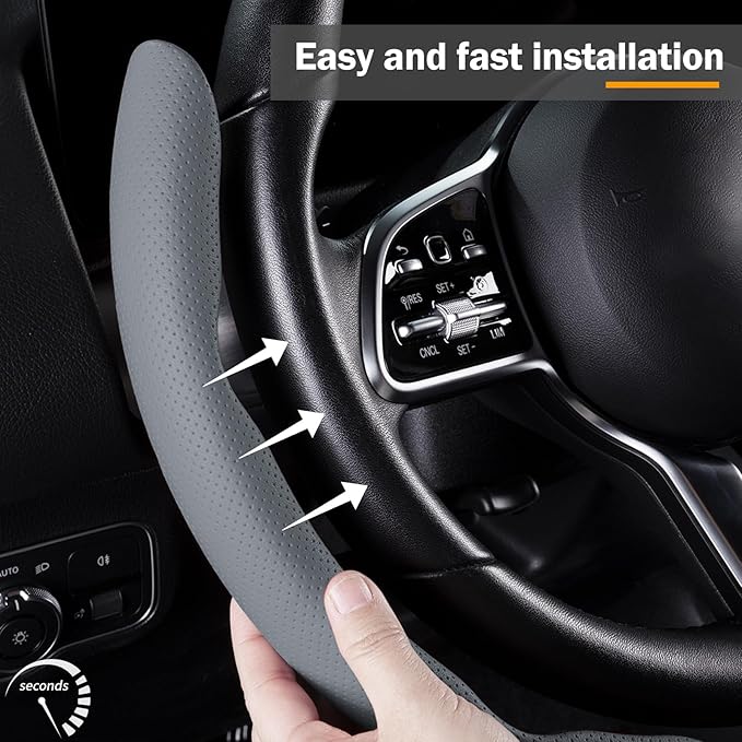 Car Steering Wheel Cover Leather Snap On 3Pcs Set Non-Slip Protector Wrap Steering Wheel Accessories 14.5-15 inch Universal G