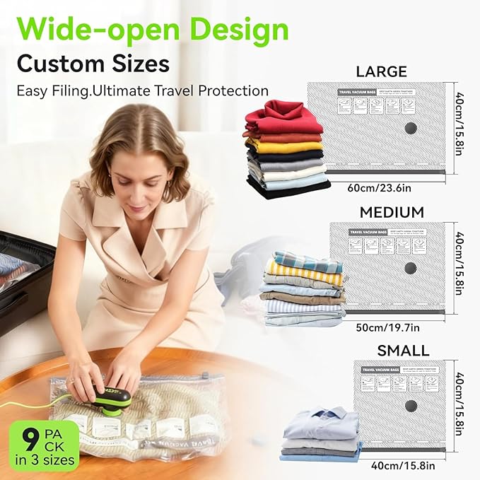 Travel Vacuum Bags with USB & TYPE C Pump, 9 Pack Carry-On Vacuum Storage Bags for Luggage & Suitcase, Vacuum Luggage Bags, S