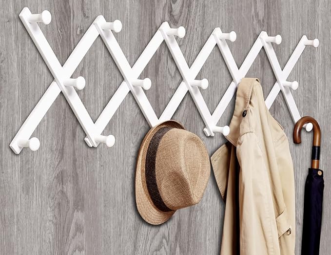 Amber Home Wood Accordion Wall Rack 17 Hooks (Pegs), Expandable Wall Mounted Hanger for Coat, Hat, Scarf, Coffee Mugs, X Shap