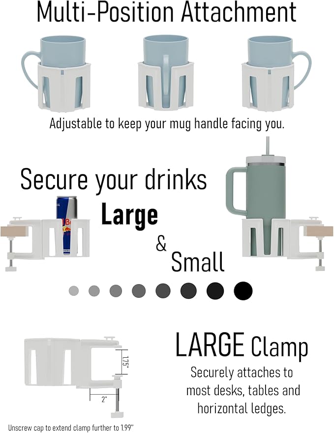 Original Large Desk Cup Holder Clamp – Cup-Holster, The Anti-Spill Cup Holder for Table, Office & Gaming – Multi-Directional 