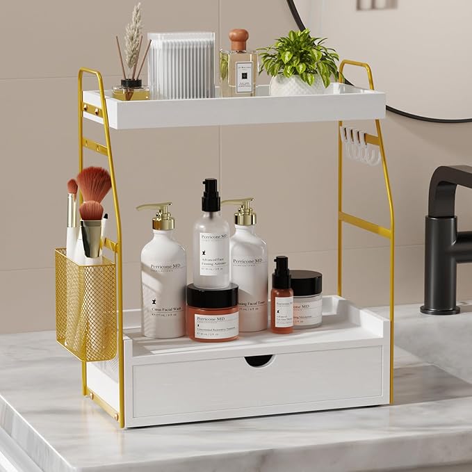 2 Tier Bathroom Counter Organizer with Drawer & Basket, Wooden Vanity Tray Countertop Shelf Accessories for Makeup Storage, C