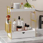 2 Tier Bathroom Counter Organizer with Drawer & Basket, Wooden Vanity Tray Countertop Shelf Accessories for Makeup Storage, C