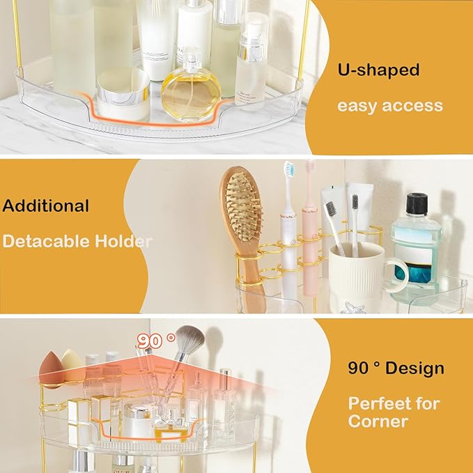 FELIZHOUSE 3-Tier Makeup Organizer for Vanity & Bathroom Countertop – Acrylic Storage Shelf with Perfume Tray & Makeup Brush 