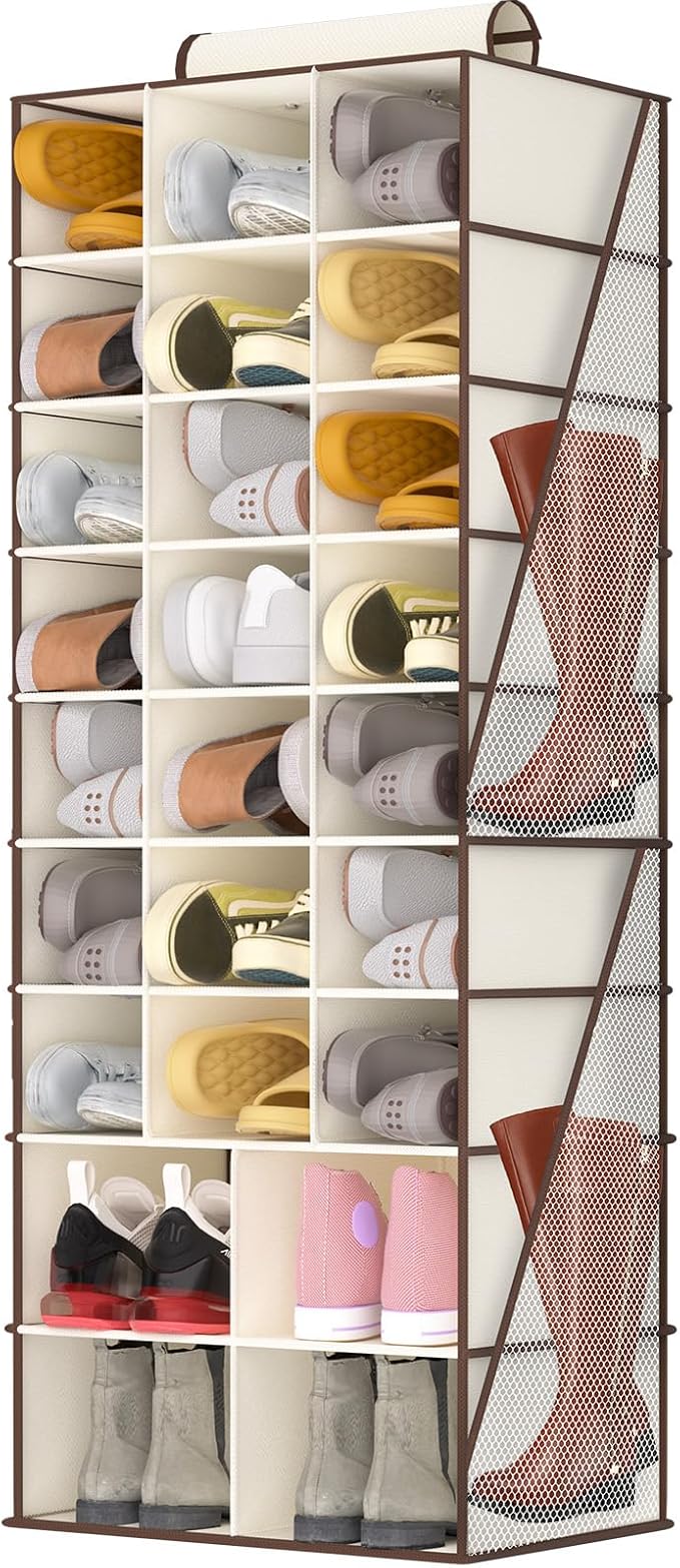VERONLY Hanging Shoe Organizer for Closet-Collapsible Storage Rack with 25 Sections & 4 Side Pockets, Hanging Shoe Shelves fo