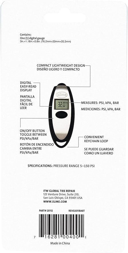 Slime 20112 Tire Gauge, Mini Digital, 5-150 psi, Compact and Accurate