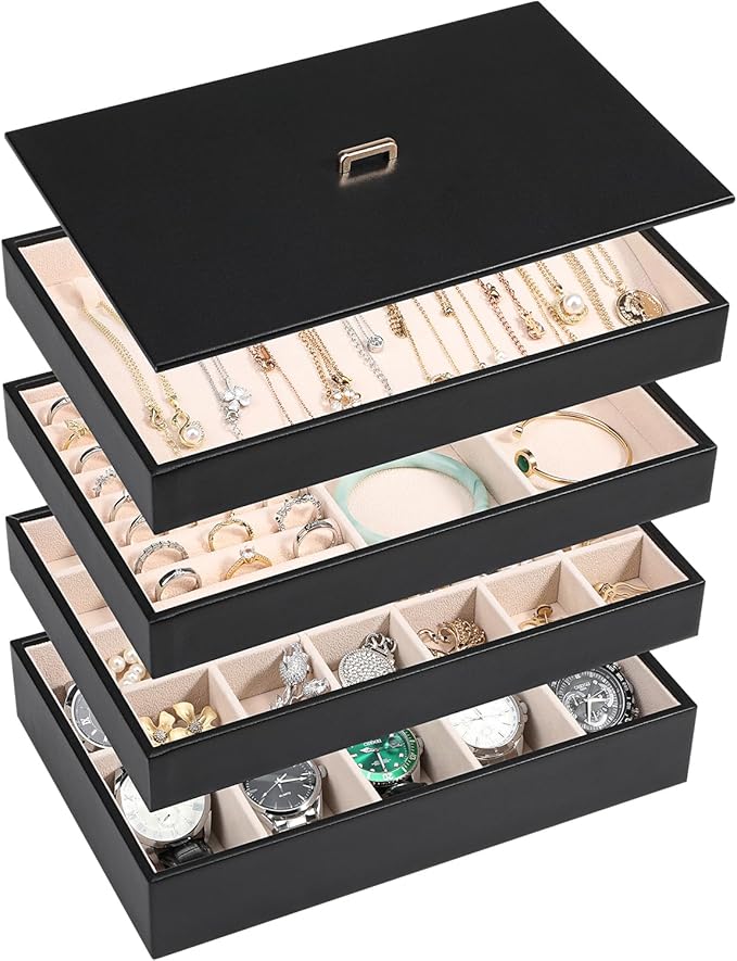 Voova Stackable Jewelry Organizer Tray with Lid, PU Leather Jewelry Storage Holder for Drawer Inserts, Jewellery Display Box 