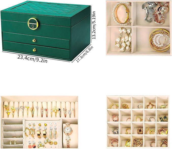 Jewelry Organizer Box PU Leather Double-Layer Pull-Out Drawer & Multiple Compartments - Premium Jewelry Storage for Necklaces