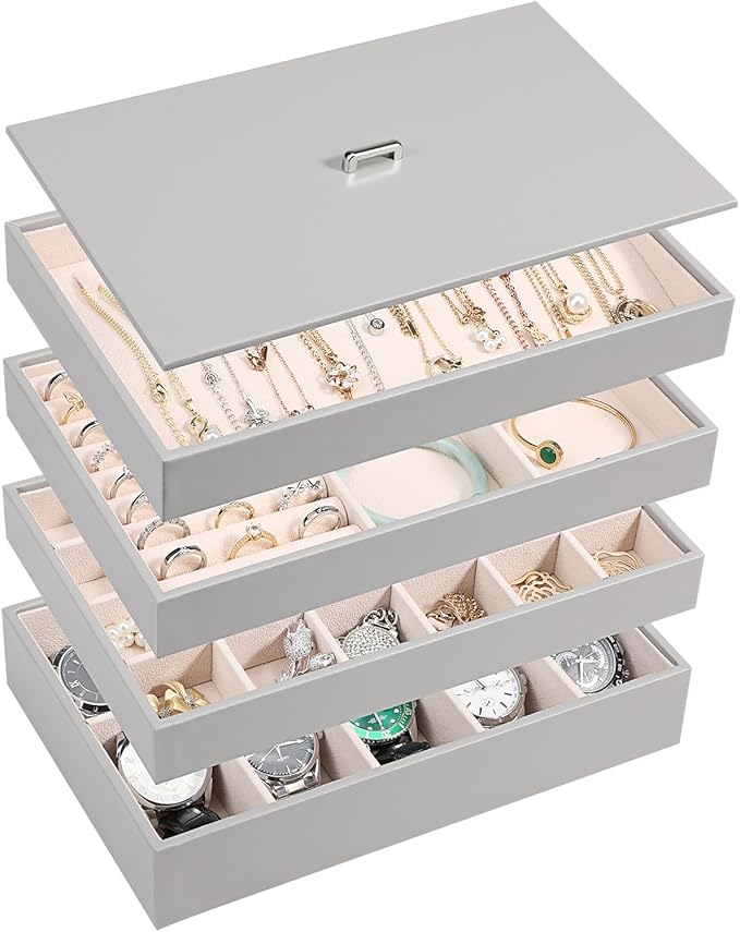 Voova Stackable Jewelry Organizer Tray with Lid, PU Leather Jewelry Storage Holder for Drawer Inserts, Jewellery Display Box 