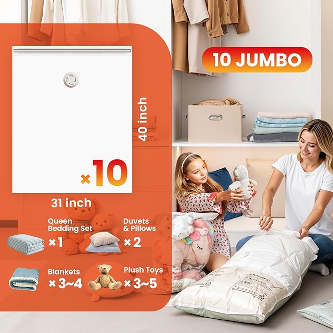 TAILI 10 Pack Vacuum Storage Bags, Jumbo Vacuum Seal Bags for Clothing (40x31 Inch), Space Saver for Bulky Bedding, Pillows, 