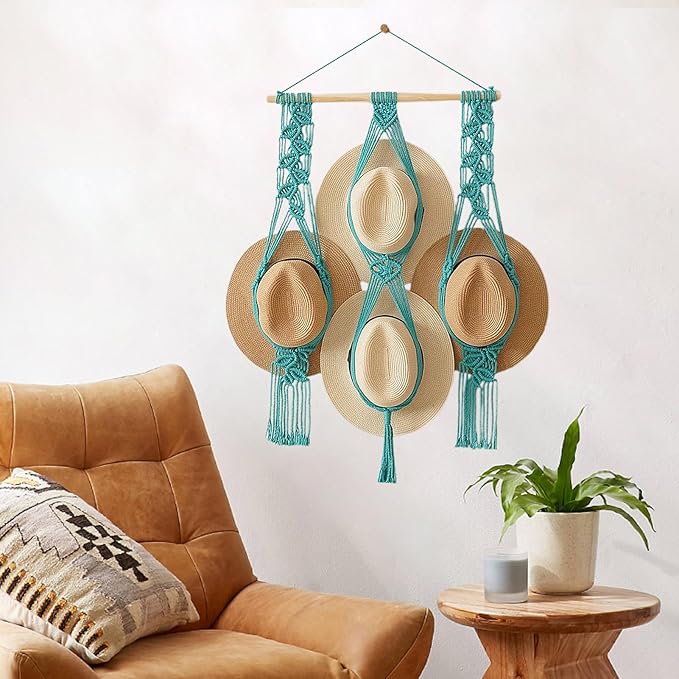 Tissting Macrame Hat Hangers Boho Hat Rack for Wall Hat Holder Display Organizer Bobo Hanging Hat Organizer Storage for Wide 