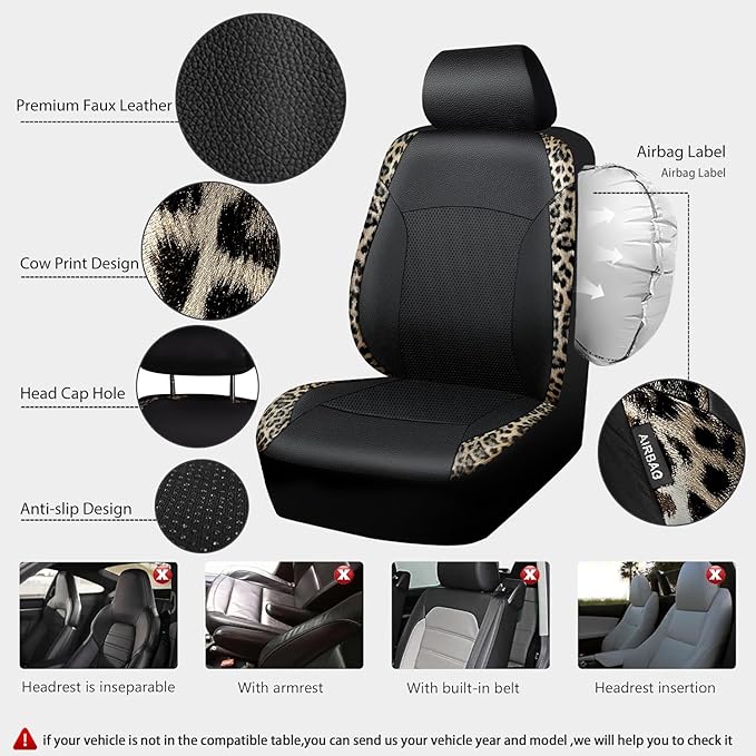 CAR PASS Leopard Print Faux Leather Car Seat Covers & Leopard Car Mats&Leopard Steering Wheel Cover Seat Belt Universal Car A