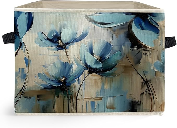 Abstract Blue Floral Storage Box Bins, Modern Impressionism Flower Botanical Collapsible Storage Basket Organizer for Bedroom