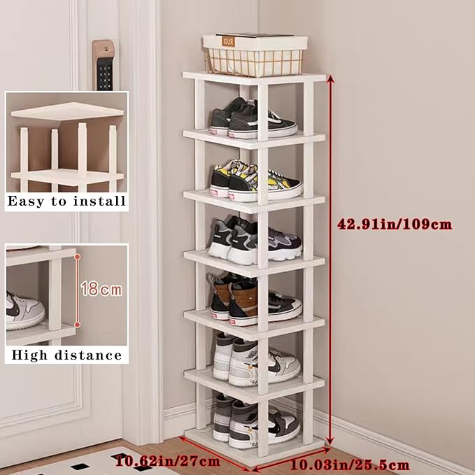 SAN HE 7-Tier Modern Bamboo Shoe Rack - Vertical, Slim, Space-Saving Shoe Organizer for Small Spaces, Closet, Entryway, Corne