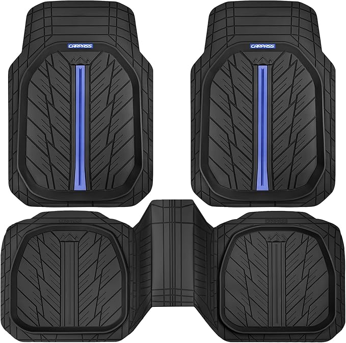 CAR PASS Tire Tread DeepDish Rubber Floor Mats for car Heavy Duty car mats All Weather, Universal XL~M Trim to Fit for Truck SUV Vehicle Automotive, Waterproof car mats 3 Piece(Blue Black)