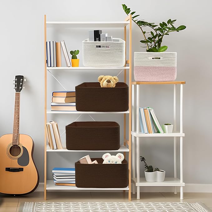 COMFY-HOMI 3 pcs Large Storage Baskets for Shelves, Laundry Basket, Woven Rope Basket, Closet Organizer Bins for Clothes Blan